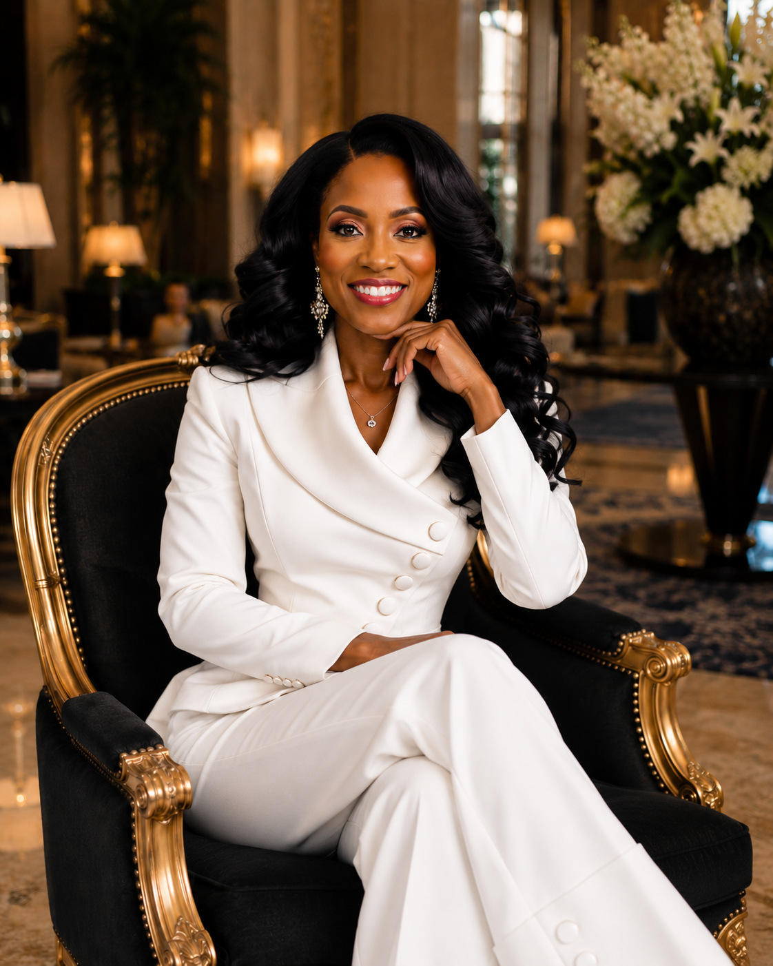 Lady Robin seated in an elegant chair